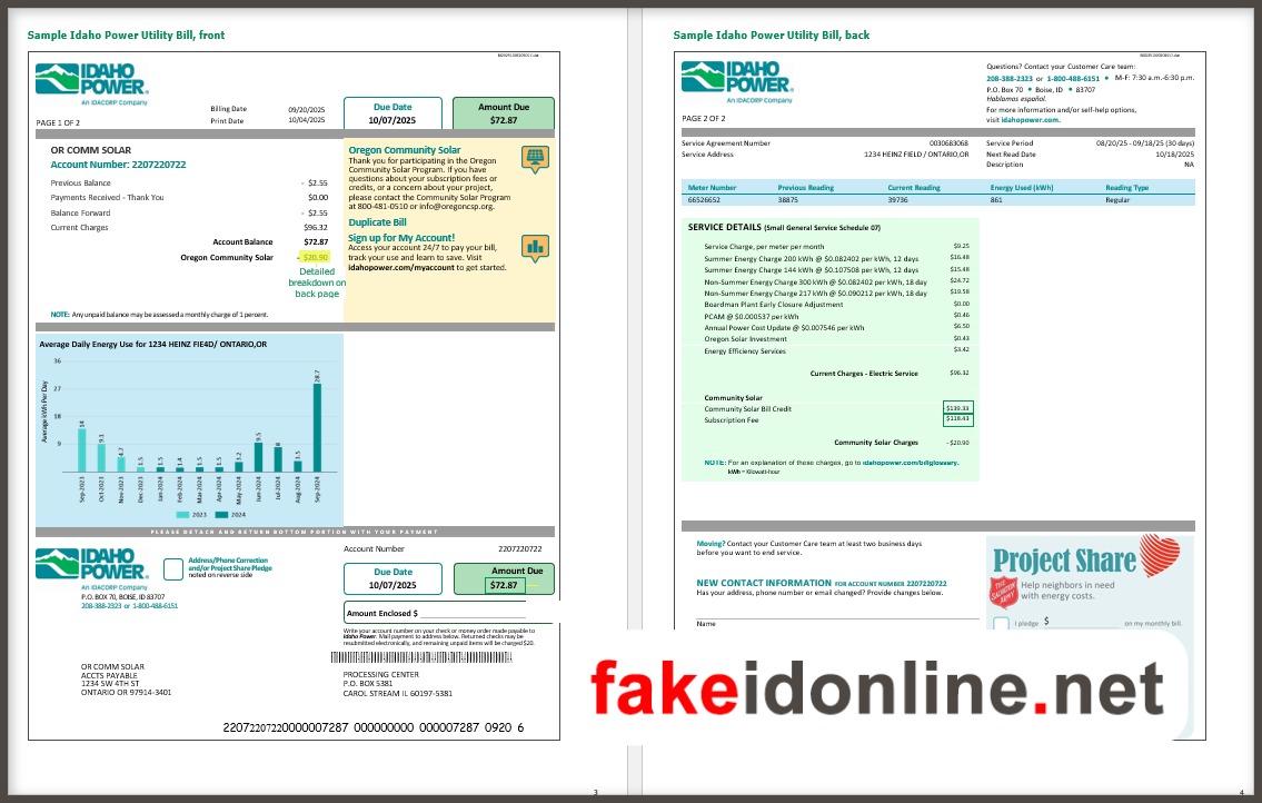 Idaho Utility Bill PSD Template - Idaho Proof of Address